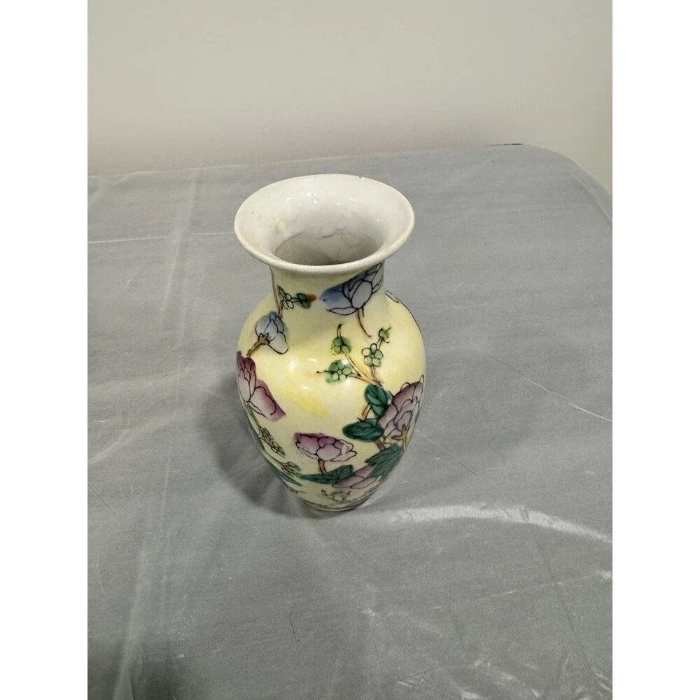 Vintage Hand Painted Floral Vase Yellow Ceramic Asian Style Small Vase